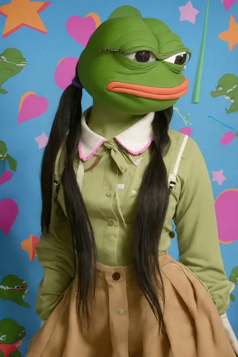 raw photo, pepe_frog as schoolgirl, in party room background, (high detailed skin:1.2), 8k uhd, dslr, soft lighting, high quality, film grain, Fujifilm XT3 <lora:pepeFrog_pepeFrog:0.8>