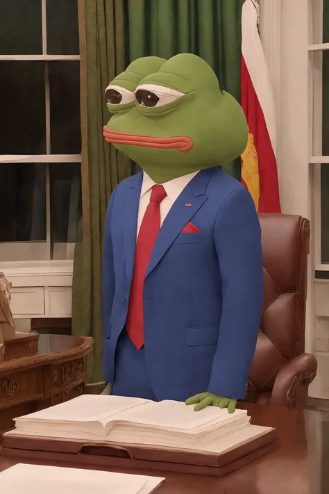 raw photo, pepe_frog as president, in oval office background, (high detailed skin:1.2), 8k uhd, dslr, soft lighting, high quality, film grain, Fujifilm XT3 <lora:pepeFrog_pepeFrog:0.8>