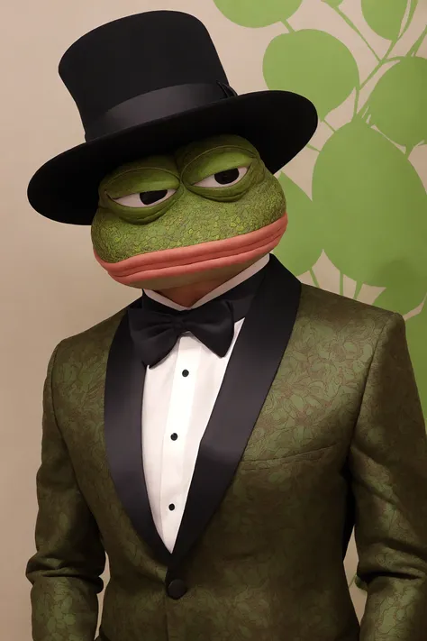 raw photo, pepe_frog, tuxedo, in party room background, (high detailed skin:1.2), 8k uhd, dslr, soft lighting, high quality, film grain, Fujifilm XT3 <lora:pepeFrog_pepeFrog:0.8>