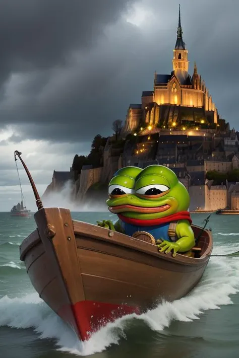 (masterpiece), high detail, absurdres, chibi, (pepe_frog:1.1), very funny,
fishing in a boat, france, mont_saint_michel, stormy weather,
(RAW, 8k, uhd),masterpiece.
<lora:pepe_frog_v2:0.7>,