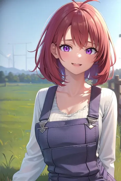 cowgirl, <lora:cowgirl-lora-nochekaiser:1>, 
cow girl, ahoge, red hair, (purple eyes:1.1), short hair, <lora:talkmouth_E_v100:1>, open mouth,
BREAK cleavage, collarbone, frills, long sleeves, overalls, suspenders,,
BREAK looking at viewer, (full body:1.5), (upper body:1.5), cowboy shot,
BREAK outdoors, farm,
BREAK <lyco:GoodHands-beta2:1>, (masterpiece:1.2), best quality, high resolution, unity 8k wallpaper, (illustration:0.8), (beautiful detailed eyes:1.6), extremely detailed face, perfect lighting, extremely detailed CG, (perfect hands, perfect anatomy),