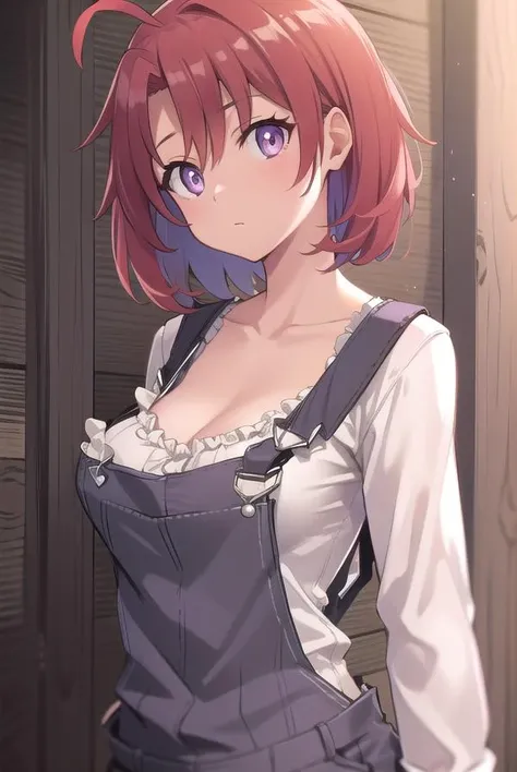 cowgirl, <lora:cowgirltest:1>, cow girl, ahoge, red hair, (purple eyes:1.1), short hair,
BREAK cleavage, collarbone, frills, long sleeves, overalls, suspenders,,
BREAK looking at viewer,
BREAK outdoors, farm,
BREAK <lora:GoodHands-vanilla:1>, (masterpiece:1.2), best quality, high resolution, unity 8k wallpaper, (illustration:0.8), (beautiful detailed eyes:1.6), extremely detailed face, perfect lighting, extremely detailed CG, (perfect hands, perfect anatomy),