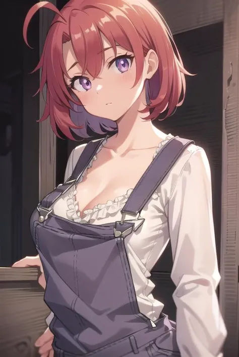 cowgirl, <lora:cowgirltest:1>, cow girl, ahoge, red hair, (purple eyes:1.1), short hair,
BREAK cleavage, collarbone, frills, long sleeves, overalls, suspenders,,
BREAK looking at viewer,
BREAK outdoors, farm,
BREAK <lora:GoodHands-vanilla:1>, (masterpiece:1.2), best quality, high resolution, unity 8k wallpaper, (illustration:0.8), (beautiful detailed eyes:1.6), extremely detailed face, perfect lighting, extremely detailed CG, (perfect hands, perfect anatomy),
