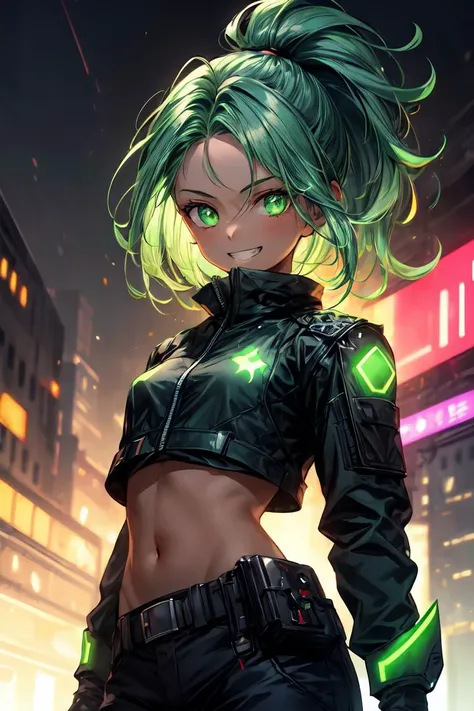 finely detail, Depth of field, masterpiece, extremely detailed CG unity 8k wallpaper, best quality, high resolution illustration, Amazing, highres, intricate detail, best illumination, best shadow, an extremely delicate and beautiful,\n\n city, bokeh, dust particles, cyberpunk \n\n 1girl, green hair, short hair, messy hair, (forehead:1.2), medium ponytail, green eyes, dark skin, solo, looking_at_viewer, small breasts, green jacket, black shirt, empty eyes, monochrome, eerie, sharp eyes, futuristic, armored, neon light, cyberpunk, tactical gloves, military pants, green energy, destruction, smile, grin, midriff,  <lora:add_detail:1> <lora:r1ge - AnimeRage:0.3>