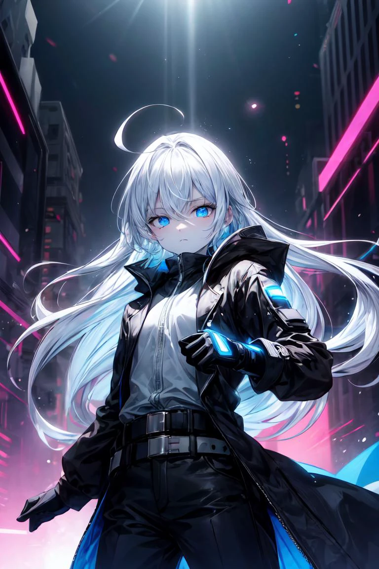 finely detail, Depth of field, masterpiece, extremely detailed CG unity 8k wallpaper, best quality, high resolution illustration, Amazing, highres, intricate detail, best illumination, best shadow, an extremely delicate and beautiful,\n\n city, glow, bokeh, dust particles, sunray streams, cyberpunk, Tyndall effect \n\n 1girl, white hair, ahoge, absurdly long hair, blue eyes, solo, looking_at_viewer, expressionless eyes, pale skin, flat chest, half-closed eyes, black coat, shirt, black pants, cold attitude, empty eyes, blue theme, monochrome, eerie, despise, sharp eyes, futuristic, armored, neon light, cyberpunk, black belts, tactical gloves, blue energy, fighting pose, <lora:add_detail:1> <lora:r1ge - AnimeRage:0.3>