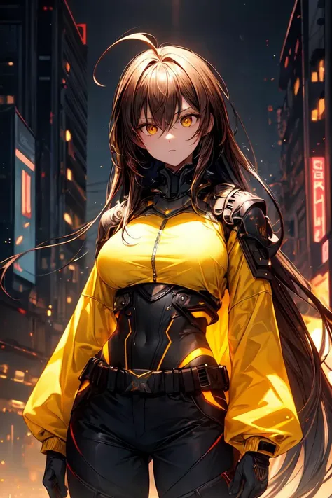 finely detail, Depth of field, masterpiece, extremely detailed CG unity 8k wallpaper, best quality, high resolution illustration, Amazing, highres, intricate detail, best illumination, best shadow, an extremely delicate and beautiful,\n\n city, bokeh, dust particles, cyberpunk \n\n 1girl, bsrown hair, absurdly long hair, brown eyes, solo, looking_at_viewer, expressionless eyes, medium breasts, big breasts, white jacket, yellow shirt, cold attitude, empty eyes, monochrome, eerie, sharp eyes, futuristic, armored, neon light, cyberpunk, tactical gloves, military pants, yellow energy, yellow lightning, destruction, expressionless, bodysuit, crazy eyes, ahoge, shogun outfit <lora:add_detail:1> <lora:r1ge - AnimeRage:0.3>