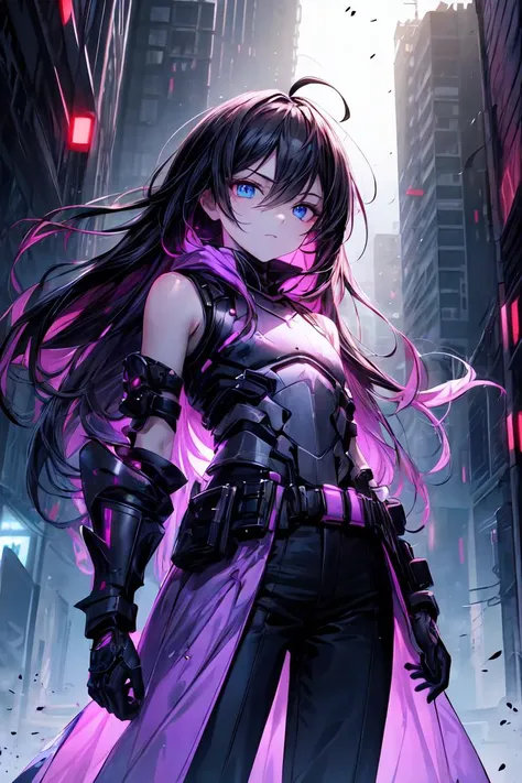 finely detail, Depth of field, masterpiece, extremely detailed CG unity 8k wallpaper, best quality, high resolution illustration, Amazing, highres, intricate detail, best illumination, best shadow, an extremely delicate and beautiful,\n\n city, bokeh, dust particles, sunray streams, cyberpunk \n\n 1girl, black hair with purple streaks, ahoge, absurdly long hair, blue eyes, solo, looking_at_viewer, expressionless eyes, pale skin, flat chest, half-closed eyes, purple coat, shirt, black pants, cold attitude, empty eyes, monochrome, eerie, despise, sharp eyes, futuristic, armored, neon light, cyberpunk, black belts, tactical gloves, purple energy, heavy armored, skeleton armor, destruction, bare shoulders <lora:add_detail:1> <lora:r1ge - AnimeRage:0.3>
