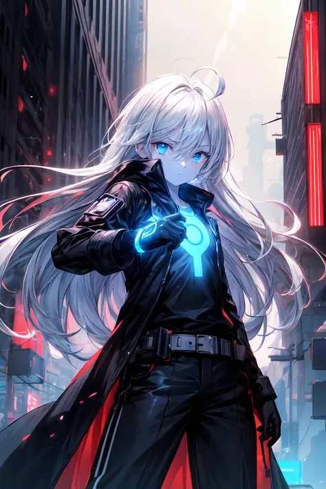 finely detail, Depth of field, masterpiece, extremely detailed CG unity 8k wallpaper, best quality, high resolution illustration, Amazing, highres, intricate detail, best illumination, best shadow, an extremely delicate and beautiful,\n\n city, bokeh, dust particles, sunray streams, cyberpunk \n\n 1girl, white hair, ahoge, absurdly long hair, blue eyes, solo, looking_at_viewer, expressionless eyes, pale skin, flat chest, half-closed eyes, black coat, shirt, black pants, cold attitude, empty eyes, monochrome, eerie, despise, sharp eyes, futuristic, armored, neon light, cyberpunk, black belts, tactical gloves, blue energy, fighting pose, <lora:add_detail:1> <lora:r1ge - AnimeRage:0.3>
