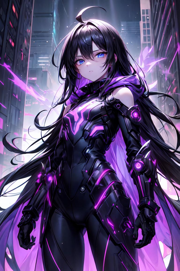 A woman in a futuristic suit with long hair and purple lights - SeaArt AI