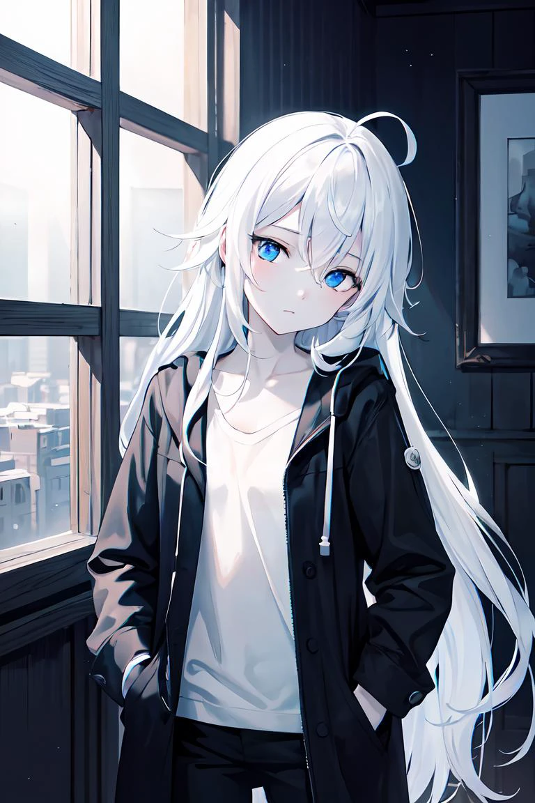 finely detail, Depth of field, masterpiece, extremely detailed CG unity 8k wallpaper, best quality, high resolution illustration, Amazing, highres, intricate detail, best illumination, best shadow, an extremely delicate and beautiful,\n\n dark room, window, glow, bokeh, dust particles, sunray streams, \n\n 1girl, white hair, ahoge, absurdly long hair, blue eyes, solo, looking_at_viewer, expressionless eyes, pale skin, flat chest, half-closed eyes, black coat, shirt, (black pants:1.2), cold attitude, empty eyes, blue theme, monochrome, eerie, despise, sharp eyes, hand in pocket, hand in hair, headtilt