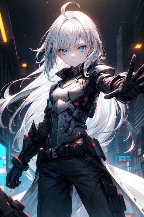 finely detail, Depth of field, masterpiece, extremely detailed CG unity 8k wallpaper, best quality, high resolution illustration, Amazing, highres, intricate detail, best illumination, best shadow, an extremely delicate and beautiful,\n\n city, bokeh, dust particles, sunray streams, cyberpunk \n\n 1girl, white hair, ahoge, absurdly long hair, blue eyes, solo, looking_at_viewer, expressionless eyes, pale skin, flat chest, half-closed eyes, white coat, shirt, black pants, cold attitude, empty eyes, monochrome, eerie, despise, sharp eyes, futuristic, armored, neon light, cyberpunk, black belts, tactical gloves, blue energy, fighting pose, heavy armored, skeleton armor, destruction <lora:add_detail:1> <lora:r1ge - AnimeRage:0.3>
