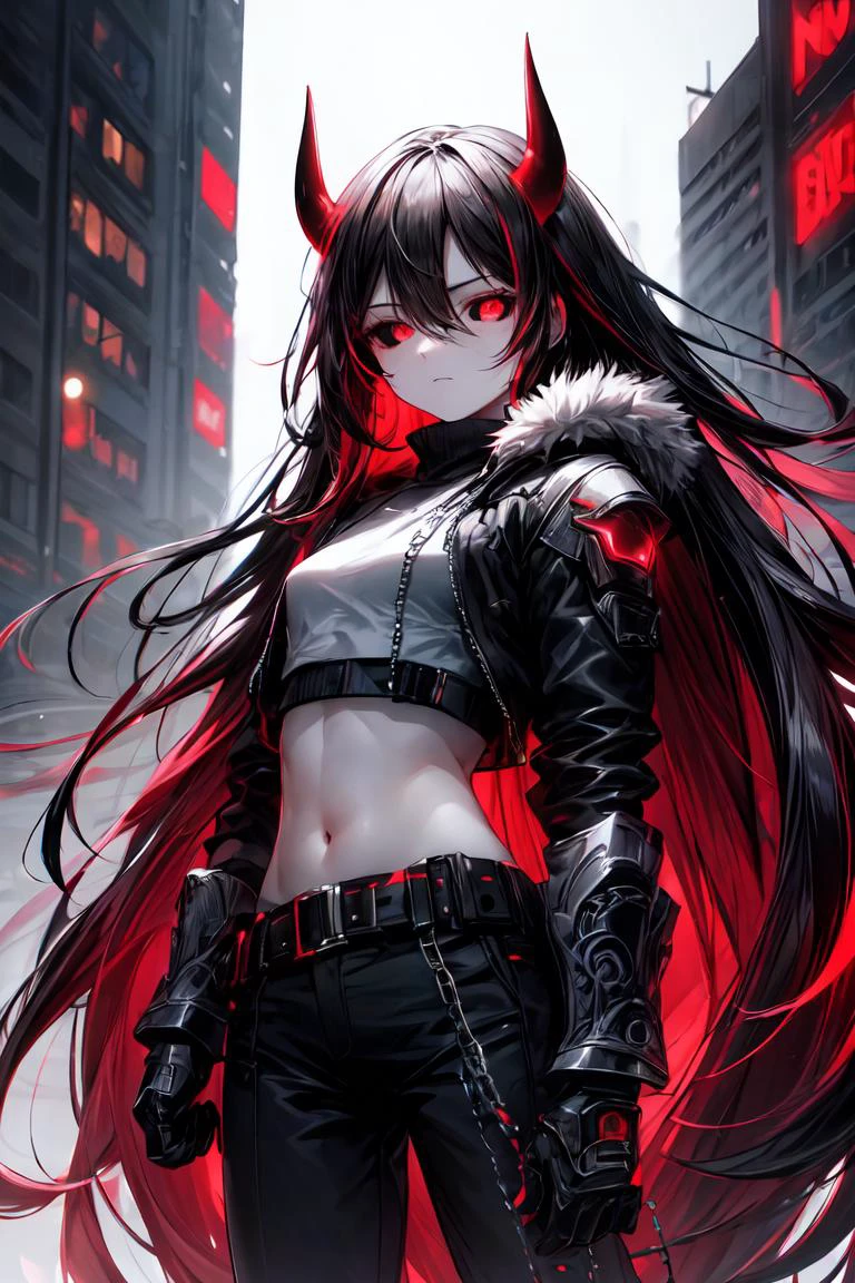 finely detail, Depth of field, masterpiece, extremely detailed CG unity 8k wallpaper, best quality, high resolution illustration, Amazing, highres, intricate detail, best illumination, best shadow, an extremely delicate and beautiful,\n\n city, bokeh, dust particles, cyberpunk \n\n 1girl, black hair with red streaks, (black horns:1.2), (absurdly long hair:1.3), red eyes, solo, looking_at_viewer, expressionless eyes, (pale skin:1.1), small breasts, half-closed eyes, black jacket, cold attitude, empty eyes, monochrome, eerie, despise, sharp eyes, futuristic, armored, neon light, straps, buckle, cyberpunk, straight hair, clawed gauntlets, red energy, destruction, midriff, adult, mature, hair between the eyes, fur-trimmed, chains, <lora:add_detail:1> <lora:r1ge - AnimeRage:0.3>