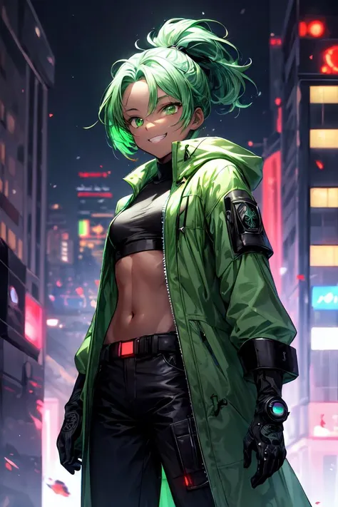 finely detail, Depth of field, masterpiece, extremely detailed CG unity 8k wallpaper, best quality, high resolution illustration, Amazing, highres, intricate detail, best illumination, best shadow, an extremely delicate and beautiful,\n\n city, bokeh, dust particles, cyberpunk \n\n 1girl, green hair, short hair, messy hair, (forehead:1.2), short ponytail, green eyes, dark skin, solo, looking_at_viewer, small breasts, green coat, black shirt, empty eyes, monochrome, eerie, sharp eyes, futuristic, armored, neon light, cyberpunk, tactical gloves, military pants, green energy, destruction, smile, grin, midriff,  <lora:add_detail:1> <lora:r1ge - AnimeRage:0.3>
