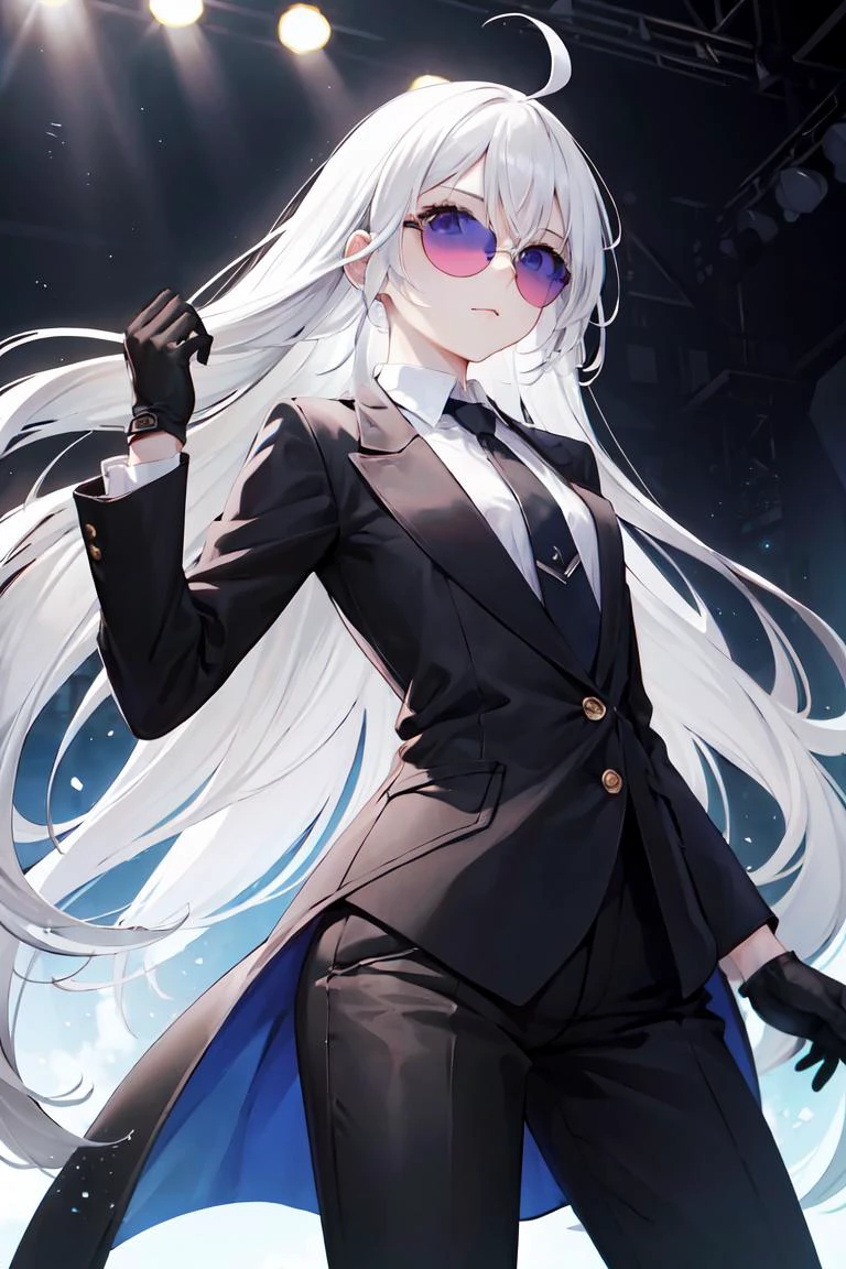 finely detail, Depth of field,masterpiece,extremely detailed CG unity 8k wallpaper,best quality, high resolution illustration,Amazing,highres,intricate detail,best illumination, best shadow, an extremely delicate and beautiful,\n\n 1girl, solo, dynamic pose, white hair, absurdly long hair, black suit, long black coat, black pants, black necktie, ahoge, (sunglasses:1.2), closed mouth, flat chest, cold attitude, pale skin, head tilt, gloves, hand in hair,\n light particles, dust particles, podium, stage, reflectors, blue theme