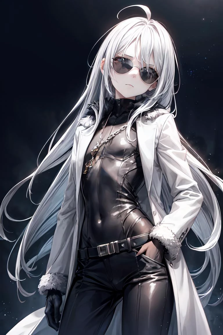 finely detail, Depth of field,masterpiece,extremely detailed CG unity 8k wallpaper,best quality, high resolution illustration,Amazing,highres,intricate detail,best illumination, best shadow, an extremely delicate and beautiful,\n\n 1girl, solo, dynamic pose, white hair, absurdly long hair, black suit, long white coat, black pants, ahoge, (sunglasses:1.2), closed mouth, flat chest, cold attitude, pale skin, head tilt, tactical gloves, hand in pocket, belts, futuristic, bodysuit, chains, armored, fur-trimmed, glow, \n light particles, dust particles, podium, stage, reflectors, blue theme, <lora:add_detail:1> <lora:Gloomifier_TheDread_V1_LECO:1>