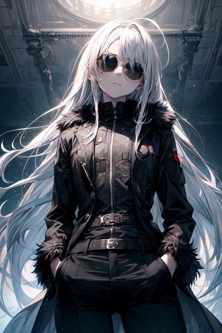 finely detail, Depth of field,masterpiece,extremely detailed CG unity 8k wallpaper,best quality, high resolution illustration,Amazing,highres,intricate detail,best illumination, best shadow, an extremely delicate and beautiful,\n\n 1girl, solo, dynamic pose, white hair, absurdly long hair, black suit, long white coat, black pants, ahoge, (sunglasses:1.2), closed mouth, flat chest, cold attitude, pale skin, head tilt, tactical gloves, hand in pocket, belts, futuristic, bodysuit, armored, fur-trimmed, glow, \n light particles, dust particles, podium, stage, reflectors, blue theme, <lora:add_detail:1> <lora:Gloomifier_TheDread_V1_LECO:1> <lora:r1ge - AnimeRage:0.3>