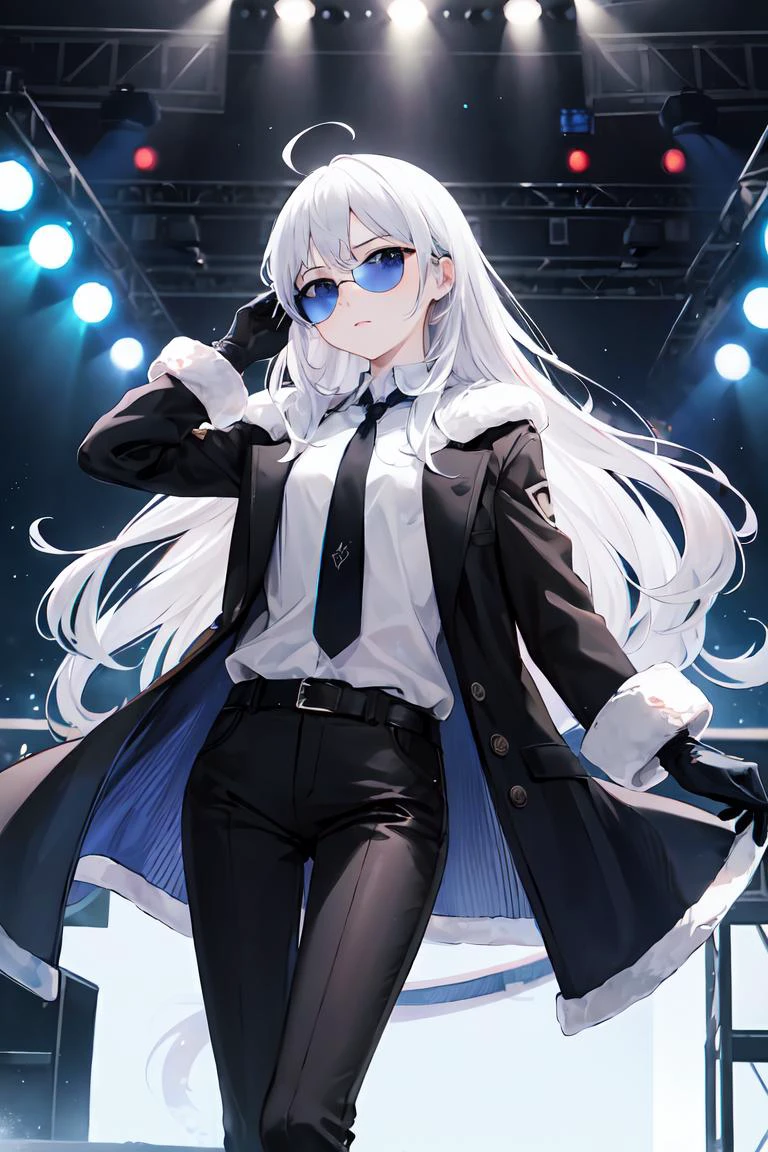 finely detail, Depth of field,masterpiece,extremely detailed CG unity 8k wallpaper,best quality, high resolution illustration,Amazing,highres,intricate detail,best illumination, best shadow, an extremely delicate and beautiful,\n\n 1girl, solo, dynamic pose, white hair, absurdly long hair, black suit, long black coat, black pants, black necktie, ahoge, (sunglasses:1.2), closed mouth, flat chest, cold attitude, pale skin, head tilt, gloves, hand in hair, fur-trimmed, belts, futuristic, armored, \n light particles, dust particles, podium, stage, reflectors, blue theme