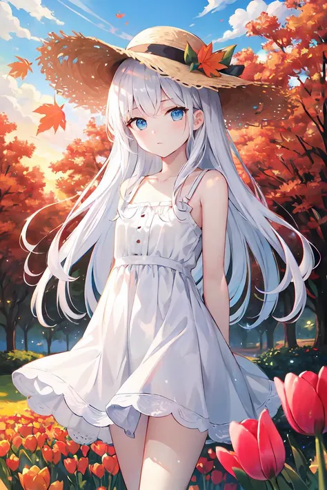 finely detail, Depth of field,masterpiece,extremely detailed CG unity 8k wallpaper,best quality, high resolution illustration,Amazing,highres,intricate detail,best illumination, best shadow, an extremely delicate and beautiful,\n\n 1girl, hat,solo,white hair, absurdly long hair, bare_legs, bare_shoulders, sleeveless,hat_flower,straw_hat,white sundress, looking_at_viewer, blue eyes, closed mouth, flat chest, expressionless eyes, sharp eyes, cold attitude, half-closed eyes, pale skin, arms behind back\n Tyndall effect,dappled sunlight,cloud, flowers, autumn_leaves, outdoors, autumn, blue_sky, leaf, sunset, cloudy_sky, maple_leaf, bokeh, sunray streams, light particles, dust particles, tulips
