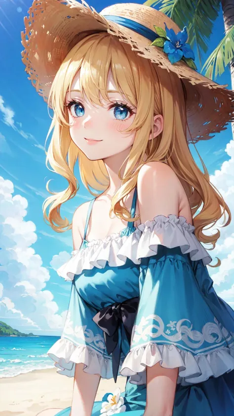 rococo style,(movie poster:1.2), soft lighting, (dramatic angle:1.25),(solo:1.4), (1girl),((blonde hair), long curly hair), blue eyes, (smile),beach straw hat, (off-shoulder shirt), hat flower ,(looking to the side:1.3), fantastic colorful, sea ,coconut tree, blue sky with clouds,(beach:1.3) ,(masterpiece:1.2),ultra-detailed,(best quality), illustration, (Depth of field)