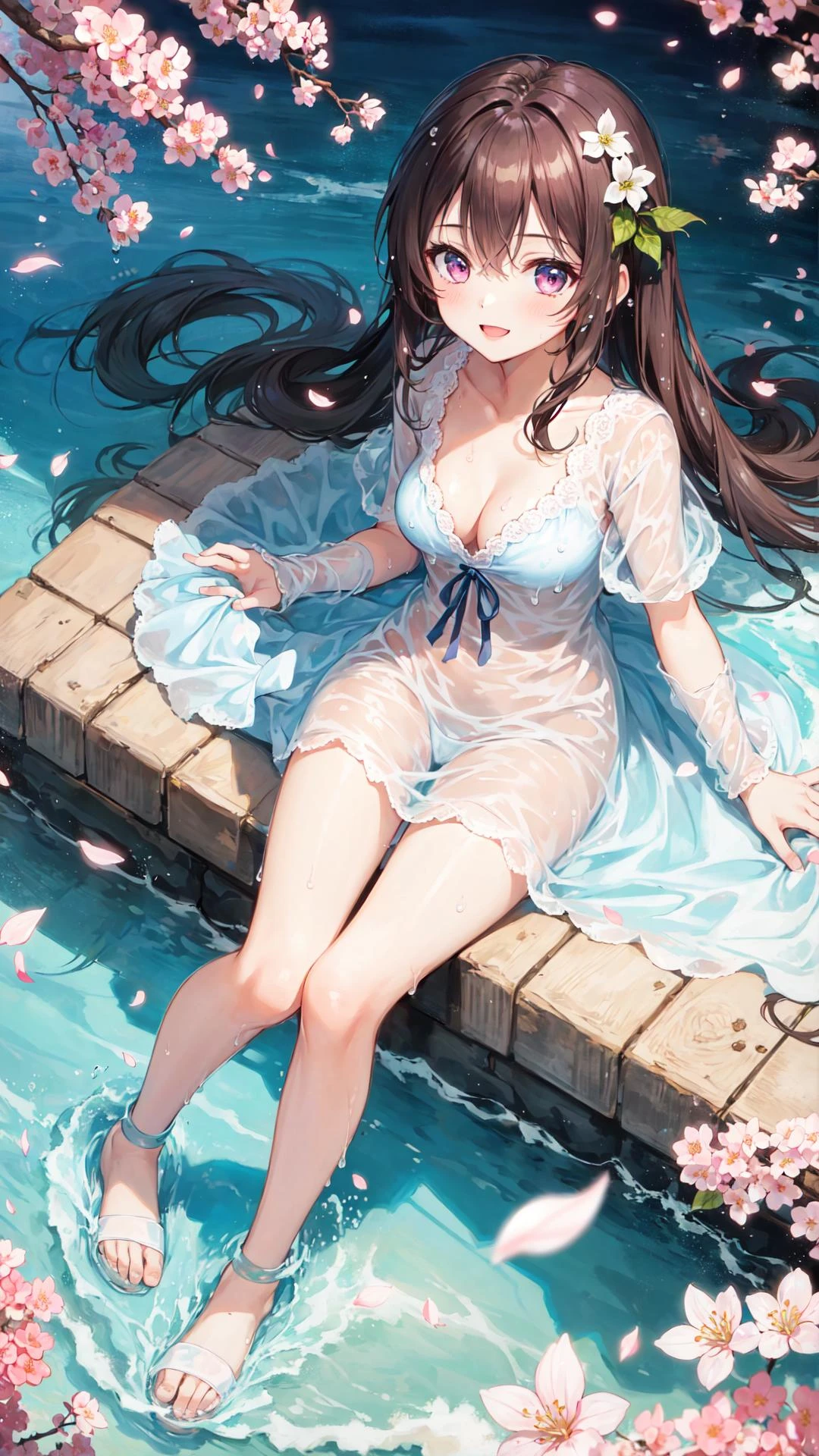 1girl, solo, ((liquid clothes)),\n(water), water drop, small breasts, see-through_dress,\ncherry blossoms,, falling petals, cleavage, from above,\nshuimo, river, bare legs, light smile, (splashing),