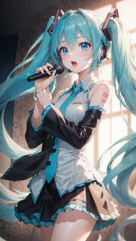 finely detail, Depth of field, (((masterpiece))), ((extremely detailed CG unity 8k wallpaper)), best quality, high resolution illustration, , Amazing, highres, intricate detail, (best illumination, best shadow, an extremely delicate and beautiful),
(((MIKU))), vocal recital/performance, stage, neon lamp, Singing suit