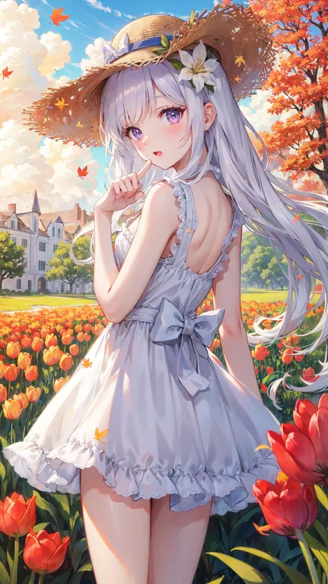 "finely detail, Depth of field,(((masterpiece))),((extremely detailed CG unity 8k wallpaper)),best quality, high resolution illustration,Amazing,highres,intricate detail,(best illumination, best shadow, an extremely delicate and beautiful),\n\n1girl, hat,solo,white hair, long_hair, barefoot, bare_legs, bare_shoulders, sleeveless,hat_flower,straw_hat,white sundress,straw hat, looking_at_viewer, Lilac eyes,Lovely face,open one's mouth,middle finger,show the middle finger,\n(((Tyndall effect))),dappled sunlight,cloud, flower, autumn_leaves, outdoors, autumn, blue_sky, leaf, sunset, cloudy_sky, burning, owl, maple_leaf,tulips