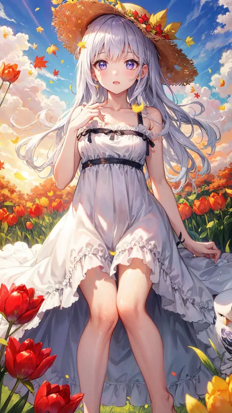 "finely detail, Depth of field,(((masterpiece))),((extremely detailed CG unity 8k wallpaper)),best quality, high resolution illustration,Amazing,highres,intricate detail,(best illumination, best shadow, an extremely delicate and beautiful),\n\n1girl, hat,solo,white hair, long_hair, barefoot, bare_legs, bare_shoulders, sleeveless,hat_flower,straw_hat,white sundress,straw hat, looking_at_viewer, Lilac eyes,Lovely face,open one's mouth,middle finger,show the middle finger,\n(((Tyndall effect))),dappled sunlight,cloud, flower, autumn_leaves, outdoors, autumn, blue_sky, leaf, sunset, cloudy_sky, burning, owl, maple_leaf,tulips