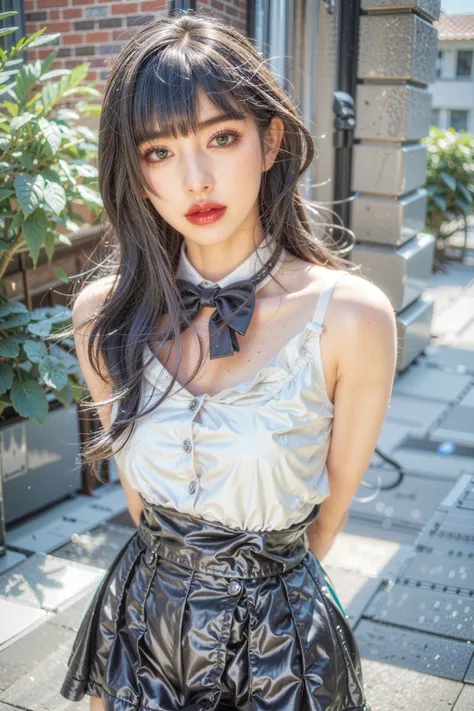 (8k, RAW photo, best quality, masterpiece:1.2), (masterpiece),(best quality:1.3),(ultra detailed:1.2),(highres:1.1), (extremely detailed CG), best quality, ultra-detailed, beautiful,Gaia, 1girl,pale skin, detailed shiny skin, looking at viewer, thighhighs, long hair, black hair, lipstick, , makeup, red lips, (blue eyes), bangs, eyeshadow, black fingernails, pale skin, depth of field, school uniform,bowtie, naughty face, shiny skin, miniskirt, arms behind back,
35 mm,(charm:1.4),beautiful image,perfect shading,Classic Hollywood glamour,A carefully cut hairstyleelegance,sweaty skin,black lipstick,
<lora:more_details:0.5>,    <lora:lQI:0.5>, <lora:Gaia_1.1:0.65> ,