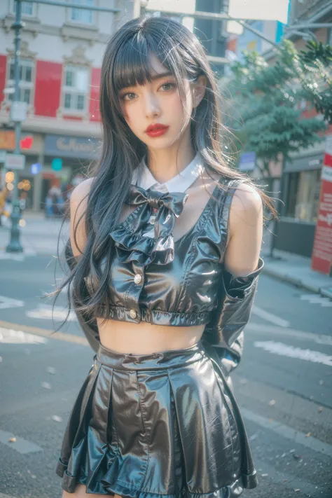 (8k, RAW photo, best quality, masterpiece:1.2), (masterpiece),(best quality:1.3),(ultra detailed:1.2),(highres:1.1), (extremely detailed CG), best quality, ultra-detailed, beautiful,Gaia, 1girl,pale skin, detailed shiny skin, looking at viewer, thighhighs, long hair, black hair, lipstick, , makeup, red lips, (blue eyes), bangs, eyeshadow, black fingernails, pale skin, depth of field, school uniform,bowtie, naughty face, shiny skin, miniskirt, arms behind back,
35 mm,(charm:1.4),beautiful image,perfect shading,Classic Hollywood glamour,A carefully cut hairstyleelegance,sweaty skin,
<lora:more_details:0.5>,    <lora:lQI:0.5>, <lora:Gaia_1.1:0.65> ,