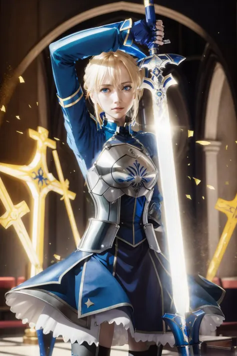 artoria pendragon \(fate\), armor, excalibur \(fate/stay night\), <lora:ironcatlora1Artoria_v10:0.75> <lora:skills_v1:0.7> skills_pose, skills_xuanwozhan, draw a knife, lots of swords in background, chapel, grand chapel interior, stained glass, light