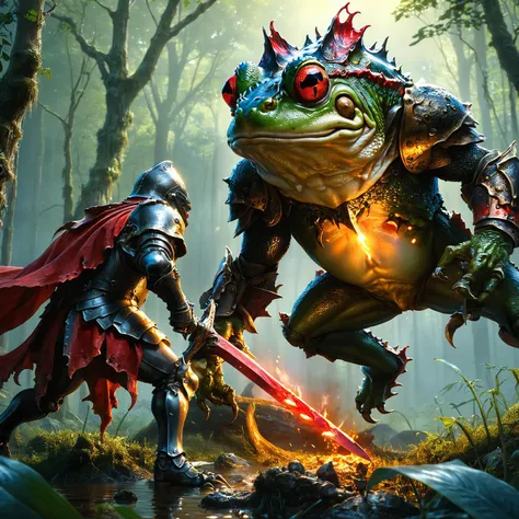 amazing quality, masterpiece, best quality, hyper detailed, ultra detailed, UHD, HDR, wide-angle lens, 
(an action shot of a knight fighting a giant fantasy frog devil in the mysterious forest:1.2),
knight holding (glowing sword:1.2),
frog devil with ral-anmlsktn type,
fiercely frog devil,
frog devil roaring,
(angry frog devil:1.2),
(frog devil opening mouth wide:1.3),
(frog devil slobbering:1.2),
frog devil has fangs and claw,
(frog devil has red glowing eyes:1.2),
 <lora:XL_boss_battle:0.75>, Bosstyle,
 <lora:ral-anmlsktn-sdxl:0.65>, ral-anmlsktn,
 <lora:add-detail-xl:0.75>,
 <lora:EnvyBetterHiresFixXL01:1.0>,
 <lora:extremely_detailed:1.2> extremely detailed,