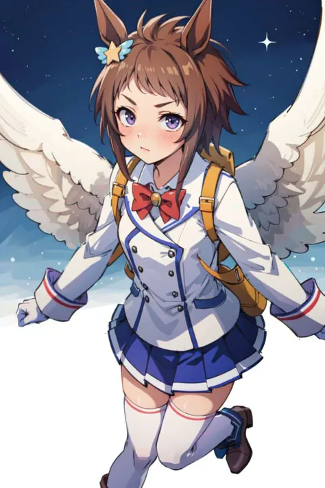 high quality, alternate costume, clear skin, (masterpiece, best quality, ultra detailed, detailed background, complex background), (perfect face, detailed face), perfect anatomy,(highres), biko pegasus \(umamusume\), feathered wings, flying, wide shot, closed mouth,blush,large breasts, looking at viewer, long sleeves, white jacket,skin_tight,tight, white gloves, brooch, wings, star ear ornament, school uniform, orange bowtie, backpack, bag, double-breasted, buttons, purple skirt, pleated skirt, orange thighhighs, boots, white footwear,standing,  <lora:biko_pegasus_loha:0.8>