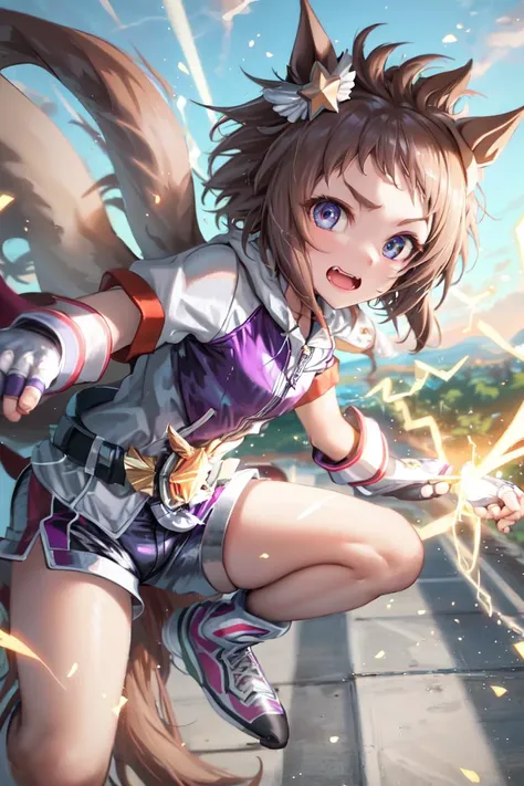 masterpiece, best quality, 
biko pegasus \(umamusume\),
electricity, incoming attack, 
open mouth, looking at viewer, star ear ornament, fingerless gloves, white gloves, puffy short sleeves, purple jacket, hooded jacket, cropped jacket, belt, short shorts, white shorts, sneakers, white footwear, 
<lyco:biko_pegasus_loha:0.7>