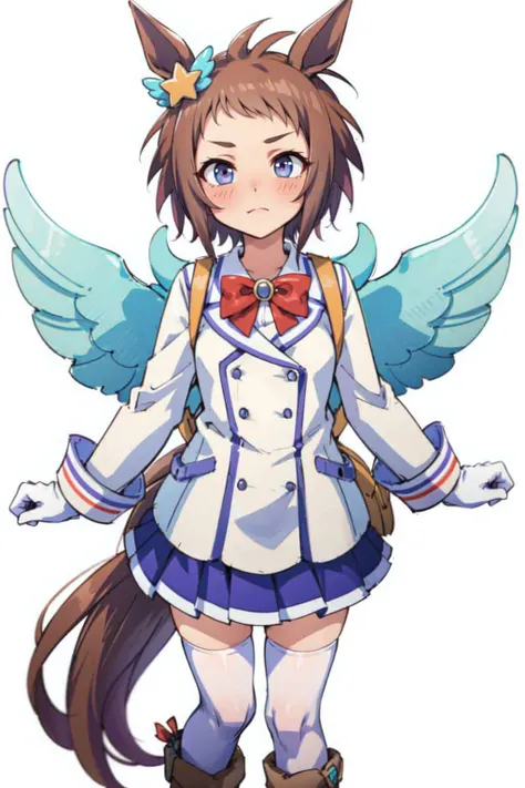 high quality, alternate costume, clear skin, (masterpiece, best quality, ultra detailed, detailed background, complex background), (perfect face, detailed face), perfect anatomy,(highres), biko pegasus \(umamusume\), feathered wings, flying, wide shot, closed mouth,blush,large breasts, looking at viewer, long sleeves, white jacket,skin_tight,tight, white gloves, brooch, wings, star ear ornament, school uniform, orange bowtie, backpack, bag, double-breasted, buttons, purple skirt, pleated skirt, orange thighhighs, boots, white footwear,standing,  <lora:biko_pegasus_loha:0.8>