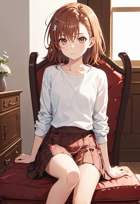 (safe:1.10), best quality, masterpiece, highres, solo, (misaka_mikoto_bluearchive:1.10), sitting, sitting on chair, chair, cowboy shot, looking at viewer, 37 <lora:misaka_mikoto_bluearchive:0.80>