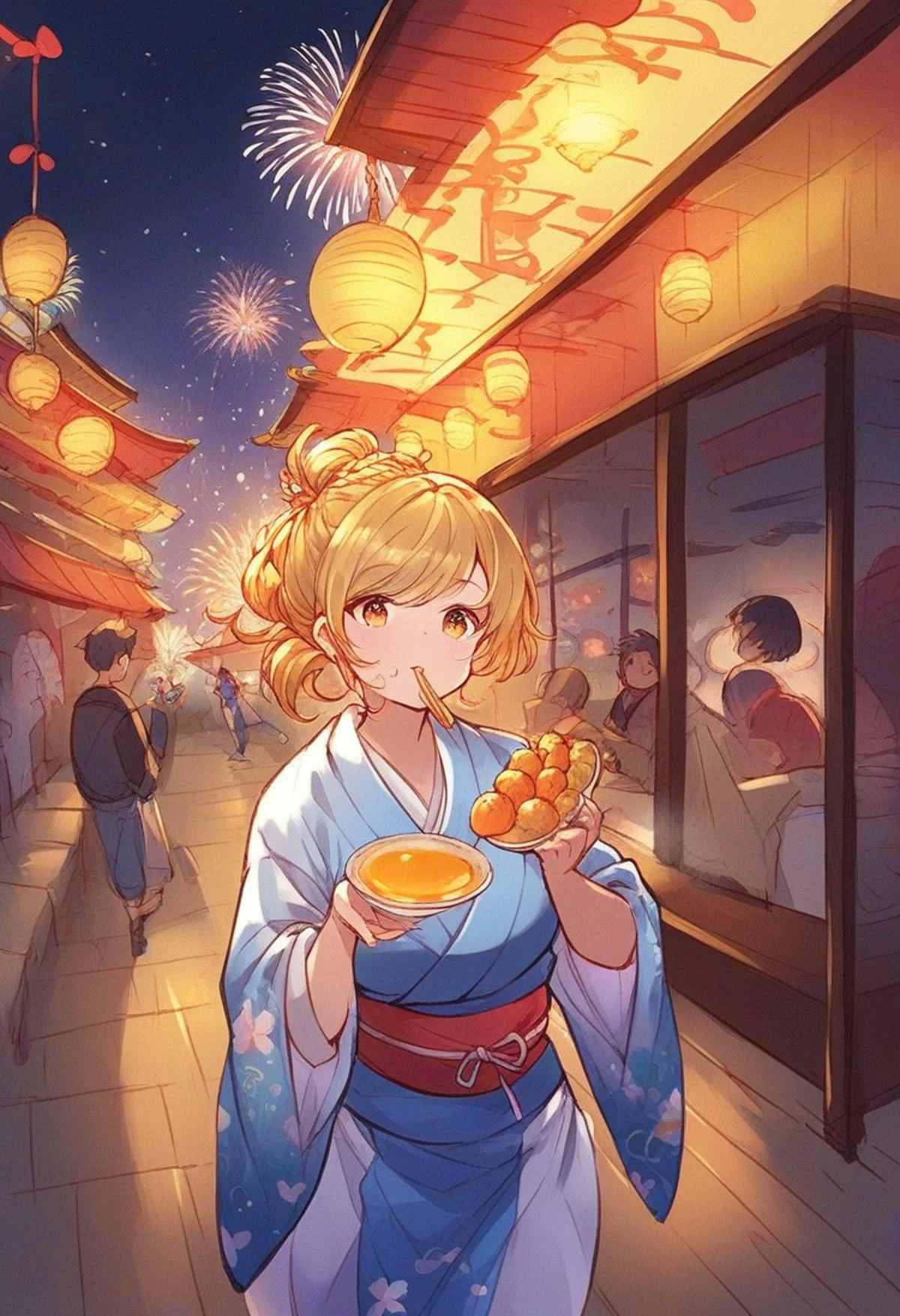 <lora:Granblue_Fantasy_for_Pony:1> gb_style, woman in a kimono walking at night in a japanese festival, food stands, night time, fireworks, close-up, eating street food, score_9, score_8_up, score_7_up, score_6_up, score_5_up, score_4_up, hd, (ultra hd quality details), 8K, 2d illustration, 1girl, Choppy layers, small saggy boobs, Curvy body, golden eyes, Honey blonde hair