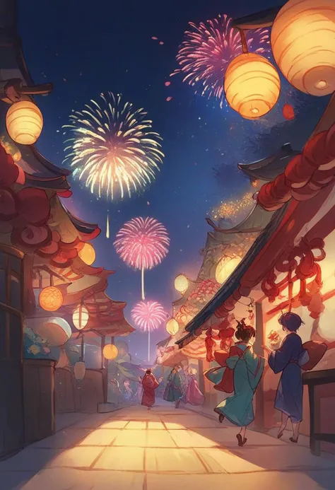 <lora:Granblue_Fantasy_for_Pony:1> gb_style, woman in a kimono walking at night in a japanese festival, food stands, night time, fireworks, close-up, score_9, score_8_up, score_7_up, score_6_up, score_5_up, score_4_up, hd, (ultra hd quality details), 8K, 2d illustration