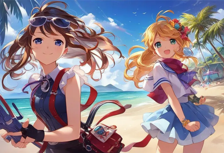 <lora:Granblue_Illustration_Style:0.45> gbstyle, perfect eyes, all females, having fun at the beach, dynamic angle, close-up, score_9, score_8_up, score_7_up, score_6_up, score_5_up, score_4_up, hd, (ultra hd quality details), 8K, source_anime, Illustration, official artwork, anime style, wallpaper, official art