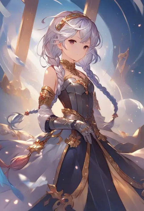 <lora:Granblue_Illustration_Style:1> gbstyle, score_9, score_8_up, score_7_up, score_6_up, score_5_up, score_4_up, hd, (ultra hd quality details), 8K, 1girl, Braids, small saggy boobs, Compact body, dark eyes, Metallic silver hair