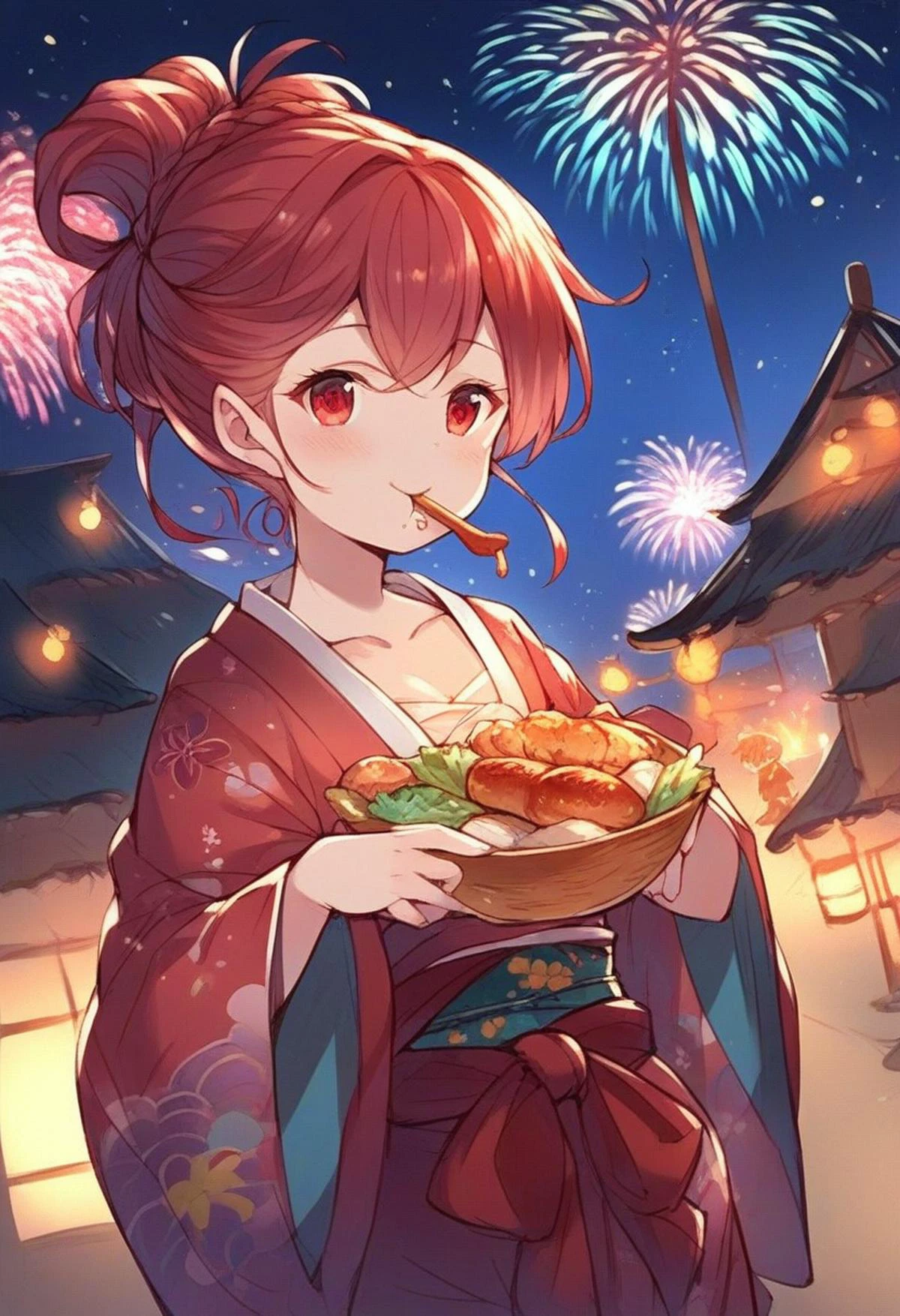 <lora:Granblue_Fantasy_for_Pony:1> gb_style, woman in a kimono walking at night in a japanese festival, food stands, night time, fireworks, close-up, eating street food, focus on breasts, score_9, score_8_up, score_7_up, score_6_up, score_5_up, score_4_up, hd, (ultra hd quality details), 8K, 2d illustration, 1girl, Updo, small boobs, flat chest, Chubby body, red eyes, Chestnut hair