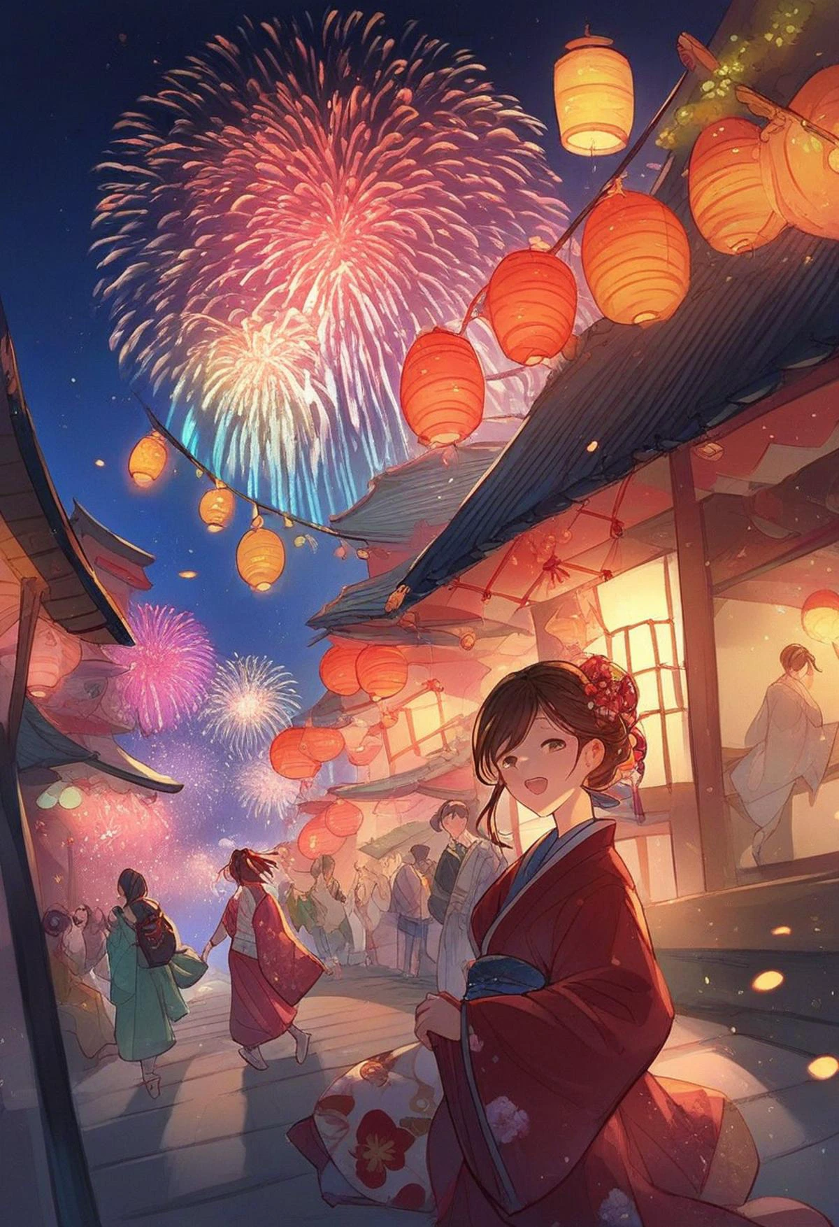 <lora:Granblue_Fantasy_for_Pony:1> gb_style, woman in a kimono walking at night in a japanese festival, food stands, night time, fireworks, close-up, score_9, score_8_up, score_7_up, score_6_up, score_5_up, score_4_up, hd, (ultra hd quality details), 8K, 2d illustration