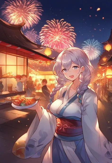 <lora:Granblue_Fantasy_for_Pony:1> gb_style, woman in a kimono walking at night in a japanese festival, food stands, night time, fireworks, close-up, eating street food, score_9, score_8_up, score_7_up, score_6_up, score_5_up, score_4_up, hd, (ultra hd quality details), 8K, 2d illustration, 1girl, Braids, saggy breasts, Busty body, silver eyes, Bronze hair