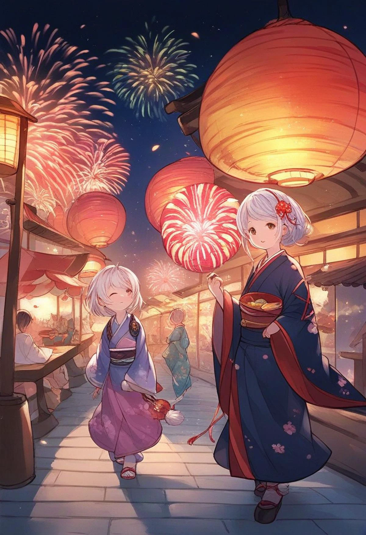 <lora:Granblue_Fantasy_for_Pony:1> gb_style, woman in a kimono walking at night in a japanese festival, food stands, night time, fireworks, close-up, score_9, score_8_up, score_7_up, score_6_up, score_5_up, score_4_up, hd, (ultra hd quality details), 8K, 2d illustration, 1girl, Bob, small boobs, flat chest, Plump body, brown eyes, White hair