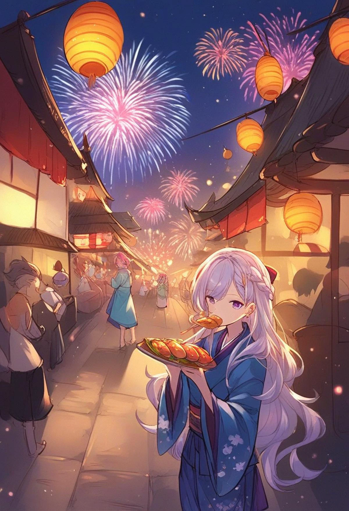 <lora:Granblue_Fantasy_for_Pony:1> gb_style, woman in a kimono walking at night in a japanese festival, food stands, night time, fireworks, close-up, eating street food, score_9, score_8_up, score_7_up, score_6_up, score_5_up, score_4_up, hd, (ultra hd quality details), 8K, 2d illustration, 1girl, Blunt haircut, medium boobs, Petite body, purple eyes, Balayage hair