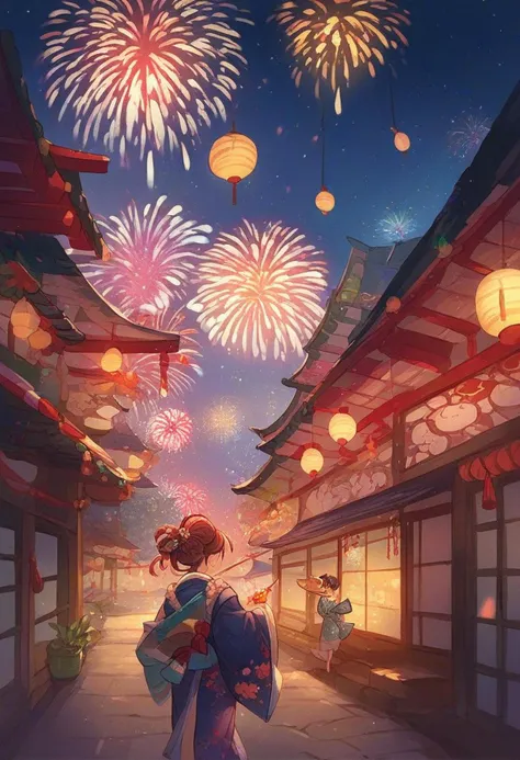 <lora:Granblue_Fantasy_for_Pony:1> gb_style, woman in a kimono walking at night in a japanese festival, food stands, night time, fireworks, close-up, score_9, score_8_up, score_7_up, score_6_up, score_5_up, score_4_up, hd, (ultra hd quality details), 8K, 2d illustration