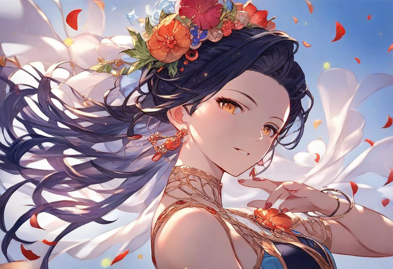 <lora:Granblue_Illustration_Style:1> gbstyle, attending an elegant party, seductive pose, dynamic angle, fancy, close-ip, score_9, score_8_up, score_7_up, score_6_up, score_5_up, score_4_up, hd, (ultra hd quality details), 8K, source_anime, Illustration, official artwork, anime style, wallpaper, official art, intricate detail, extremely detailed, pastel colors,, 1girl, Updo, large boobs, Fit body, golden eyes, Black hair, squire