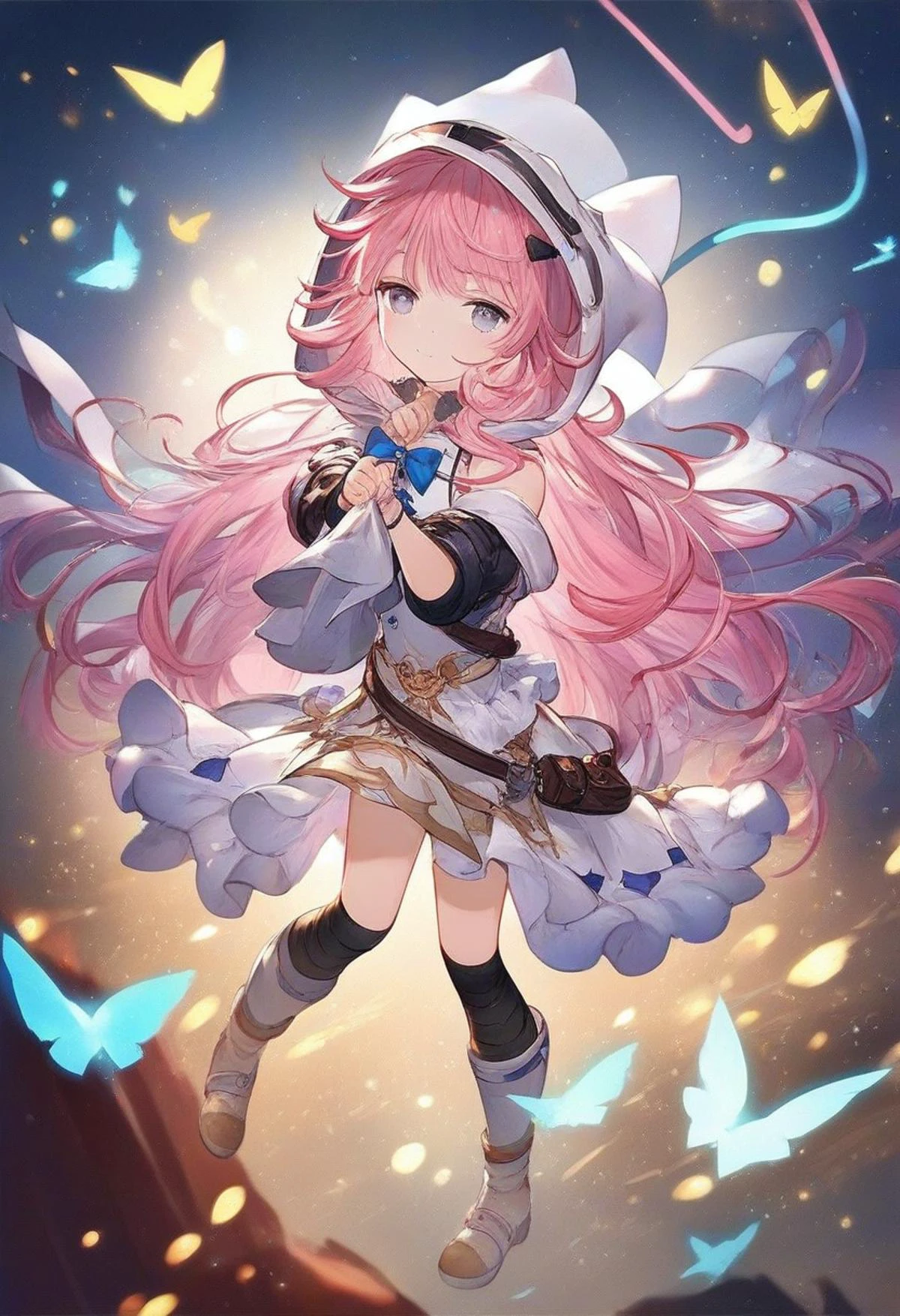 <lora:Granblue_Illustration_Style:1> gbstyle, perfect eyes, score_9, score_8_up, score_7_up, score_6_up, score_5_up, score_4_up, hd, (ultra hd quality details), 8K, 1girl, Asymmetrical haircut, small boobs, flat chest, Thin-legged body, silver eyes, Pastel pink hair, ranger, holding a bow and wearing a hood, source_anime, Illustration, official artwork, anime style, wallpaper, official art