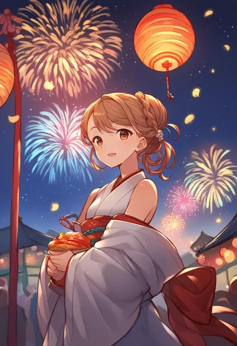 <lora:Granblue_Fantasy_for_Pony:1> gb_style, woman in a kimono walking at night in a japanese festival, food stands, night time, fireworks, close-up, score_9, score_8_up, score_7_up, score_6_up, score_5_up, score_4_up, hd, (ultra hd quality details), 8K, 2d illustration, 1girl, Layered haircut, small boobs, flat chest, Lean body, brown eyes, Bronze hair