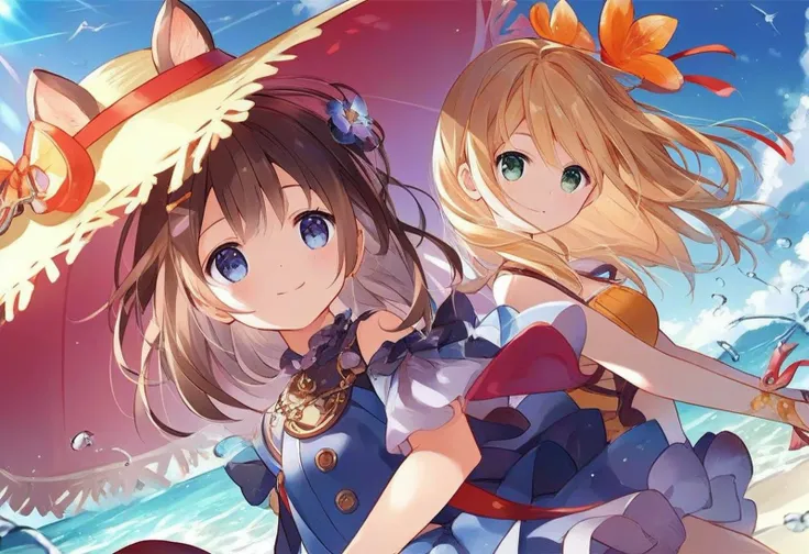 <lora:Granblue_Illustration_Style:0.45> gbstyle, perfect eyes, all females, having fun at the beach, dynamic angle, close-up, score_9, score_8_up, score_7_up, score_6_up, score_5_up, score_4_up, hd, (ultra hd quality details), 8K, source_anime, Illustration, official artwork, anime style, wallpaper, official art