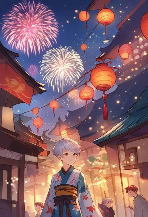 <lora:Granblue_Fantasy_for_Pony:1> gb_style, woman in a kimono walking at night in a japanese festival, food stands, night time, fireworks, close-up, score_9, score_8_up, score_7_up, score_6_up, score_5_up, score_4_up, hd, (ultra hd quality details), 8K, 2d illustration, 1girl, Pixie cut, small boobs, flat chest, Slim body, dark eyes, Silver hair